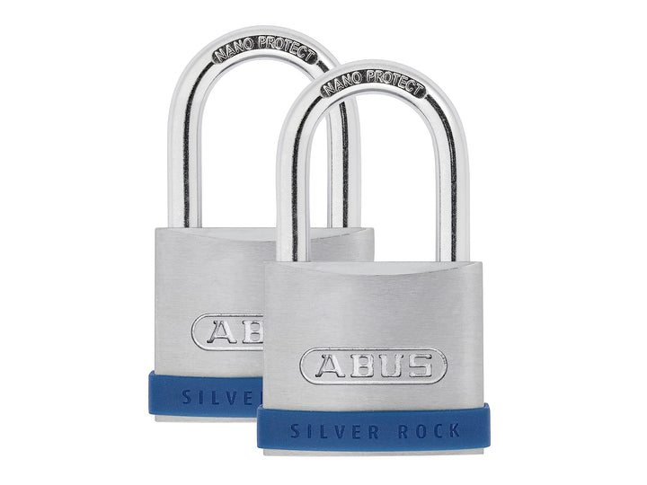 ABUS Vorhängeschloss Silver Rock 5/50 aus massivem Zink - 2er Set - mit Silikon Schutzrahmen - Kelle