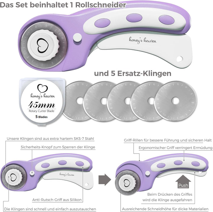 Honey's Heaven 45 mm Rollschneider Stoffschneider Set inkl. Schneideunterlage, Ersatzklingen, Stoffk