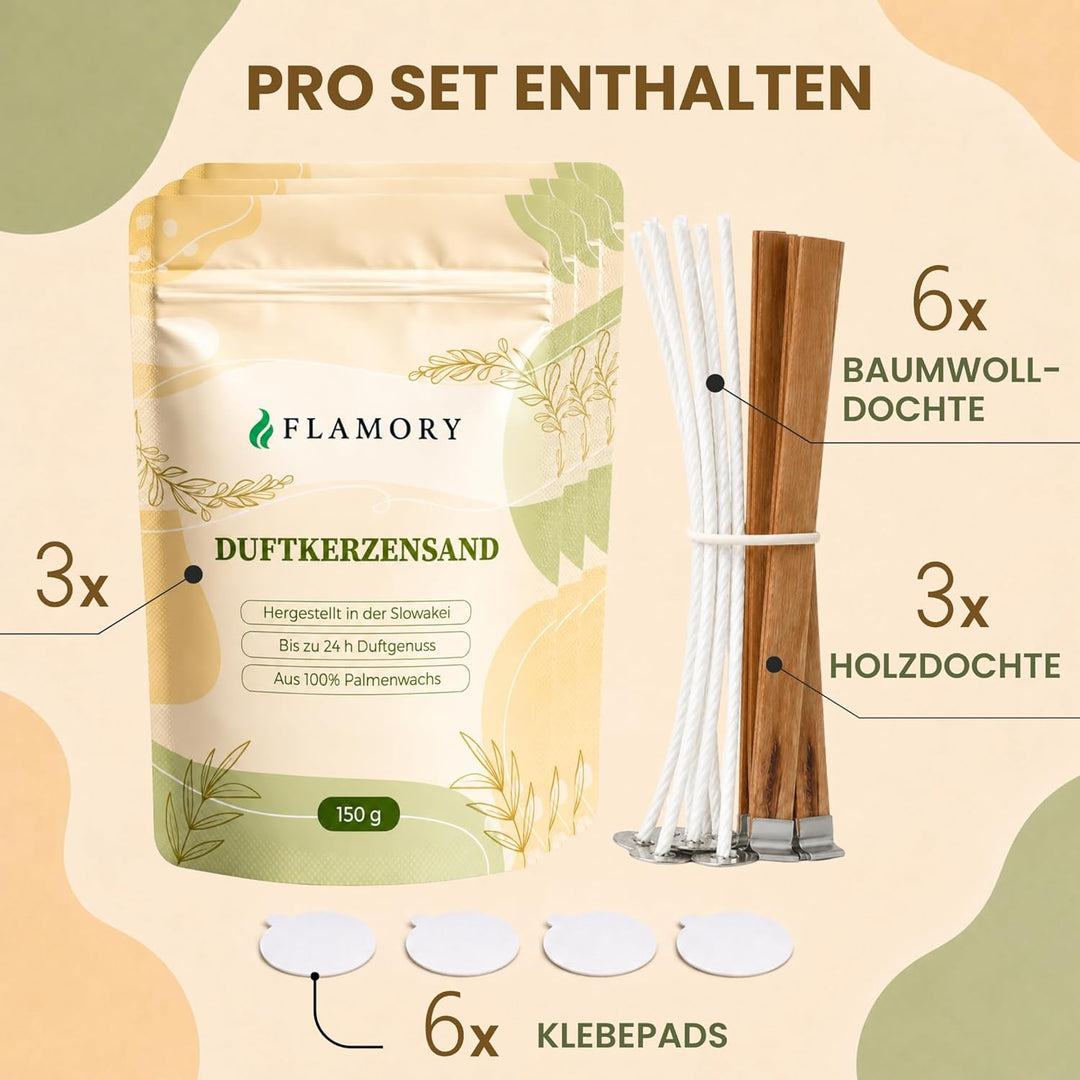 Duftkerzensand Probierset – Kerzensand mit Duft & 9 Dochten – ohne Paraffin – aus Pflanzenwachs – ei