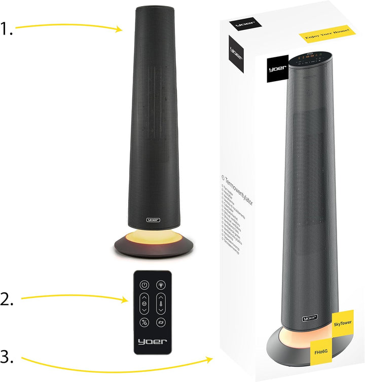 Yoer SkyTower FH06G, Keramik-Heizlüfter 2500W, Elektrischer Heizkörper, Heizlüfter, Fernbedienung, W