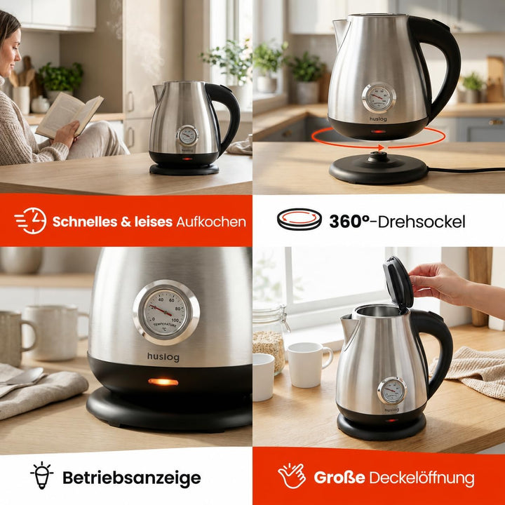 Retro Wasserkocher 1,7L aus Edelstahl, 2200W, mit Temperaturanzeige, Schnellkochfunktion, kabellos m