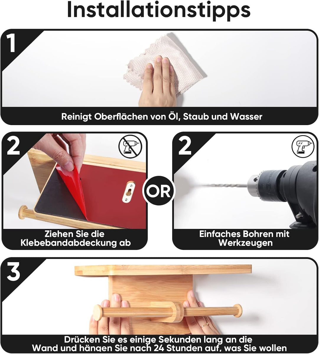 Toilettenpapierhalter Bambus, Doppelrollenhalter Klopapierhalter Ohne Bohren mit Ablage, Schnelle In