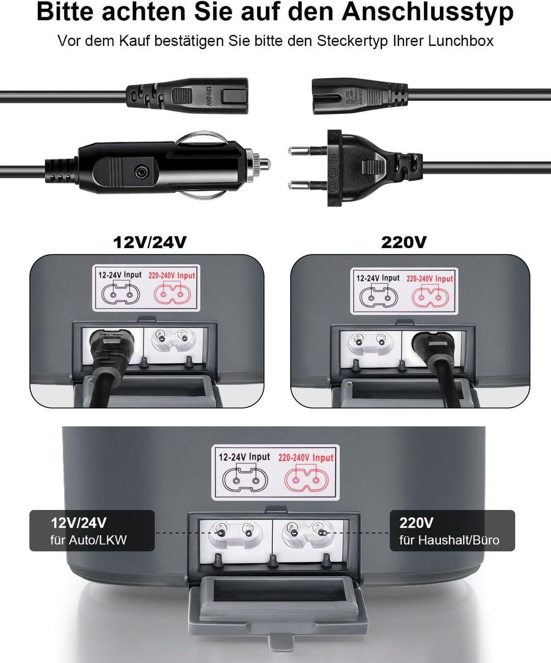 AUTOPkio 12V/24V 220V Netzkabel für Elektrische Lunchbox, Zigarettenanzünder Adapter für Auto LKW un