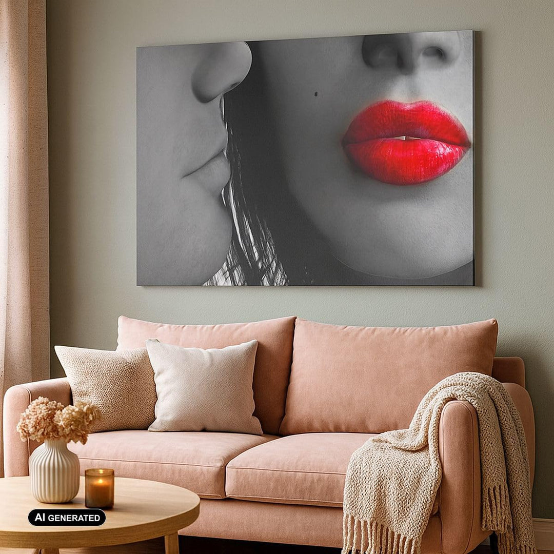Bilder auf Leinwand 100x70cm Leinwandbild Rote Lippen dunkles Haar Modell Liebe Gross Wanddeko Bild