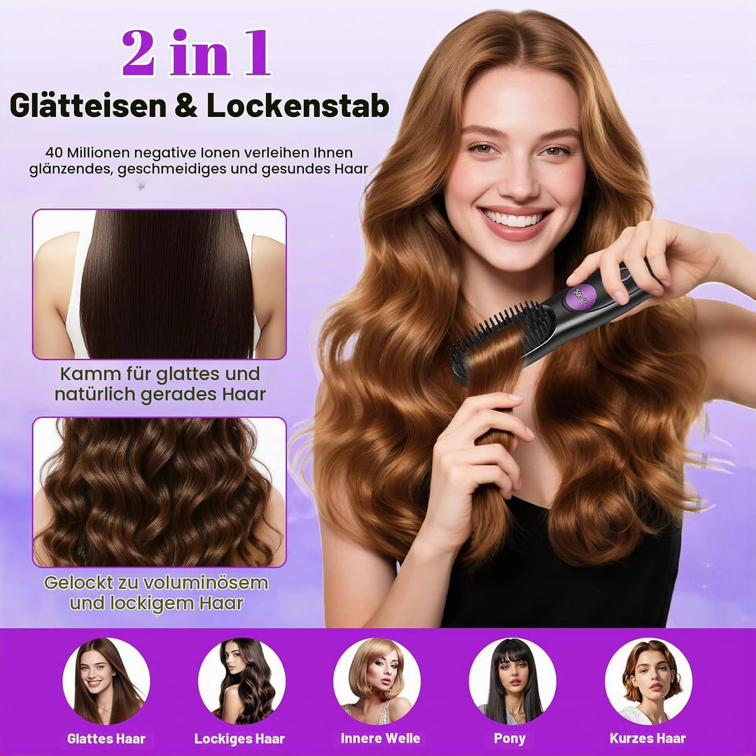 Tragbarer Stylingbürste, Stylingbürste für Kurze Haare, Glättbürste Kabellos mit 3 Temperaturen Vers