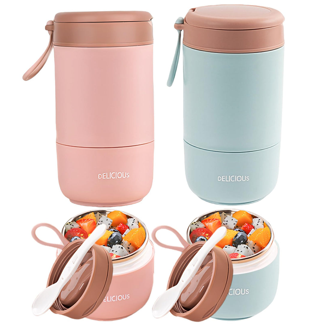 2 Stück Müslibecher To Go mit Deckel: 730ml Auslaufsicherer Edelstahl Porridge Becher mit Löffel und