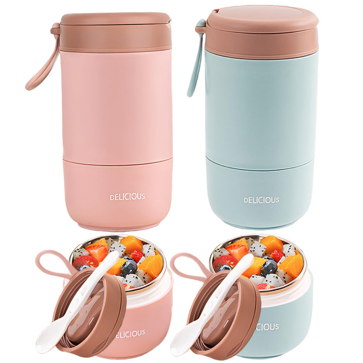 2 Stück Müslibecher To Go mit Deckel: 730ml Auslaufsicherer Edelstahl Porridge Becher mit Löffel und