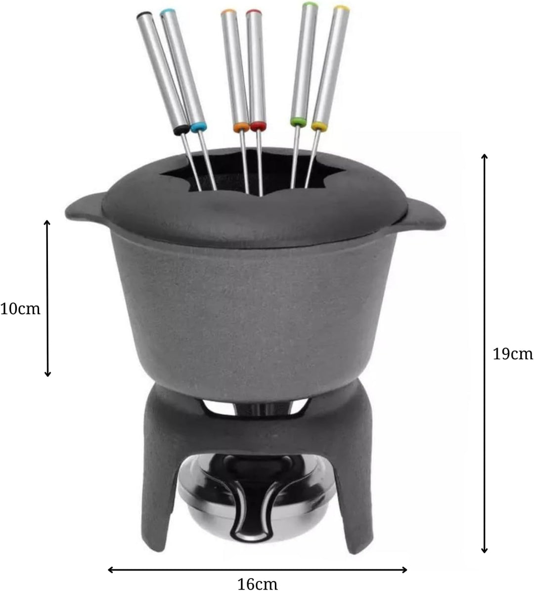 Fondue Set| aus Gusseisen mit 6 Gabeln, Geeignet für Käse- Schoko- und Fleisch-Fondue, 1,5l, Schwarz