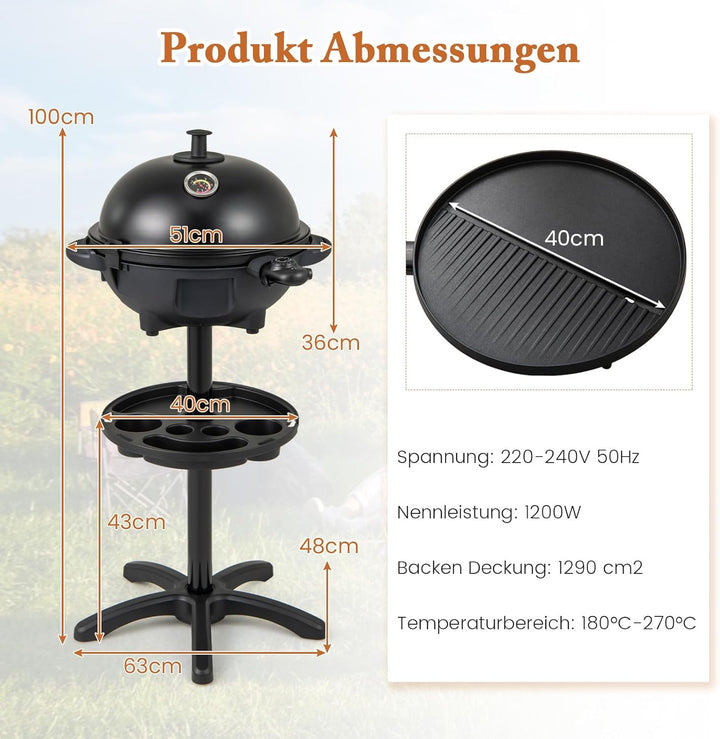 COSTWAY Elektrogrill 1200W, 2 in 1 Tischgrill & Standgrill mit 2-Zonen Grillplatte, Elektrischer BBQ