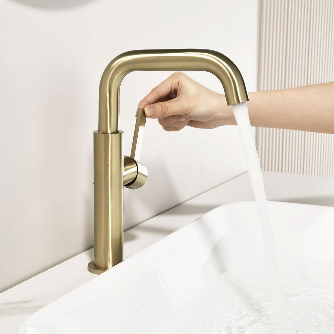 ONECE Wasserhahn Bad Hoch Gold, 360° Drehbar Waschtischarmatur, Einhebel Mischbatterie für Aufsatzwa