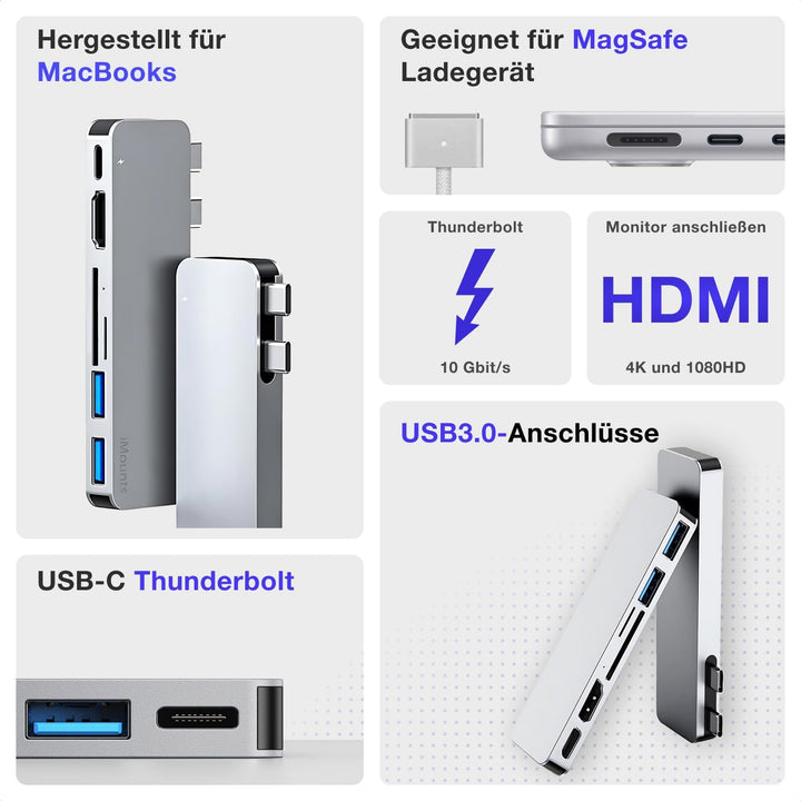 USB C Hub Silber – HDMI, Thunderbolt, USB 3.0 & SD-Kartenleser Adapter für MacBook Air/Pro M2/M3/M4/