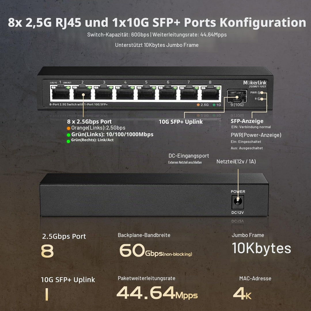 MokerLink 8 Port 2.5Gigabit Ethernet Switch mit 10G SFP Slot, 8 x 2.5G Base-T Ports kompatibel mit 1