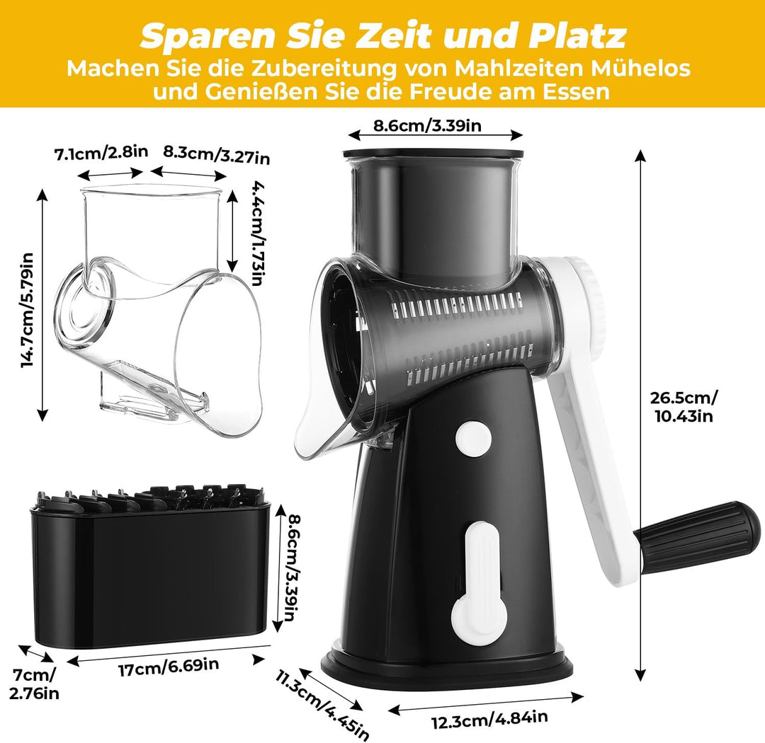Käsereibe mit Kurbel, Reibe für Gemüse mit 5 Austauschbaren Trommelblättern, Gemüseschneider Ideal f