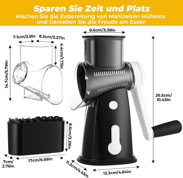 Käsereibe mit Kurbel, Reibe für Gemüse mit 5 Austauschbaren Trommelblättern, Gemüseschneider Ideal f