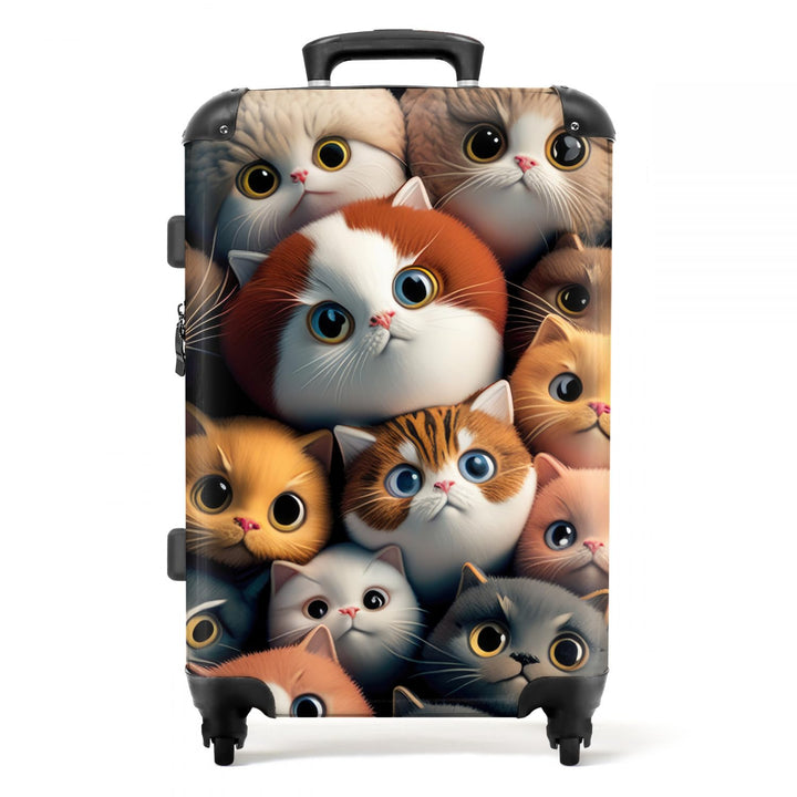 Koffer gross Trolley Rollkoffer Reisekoffer mit 4 Rollen Fotokoffer - Katze - Design - Braun - Grau