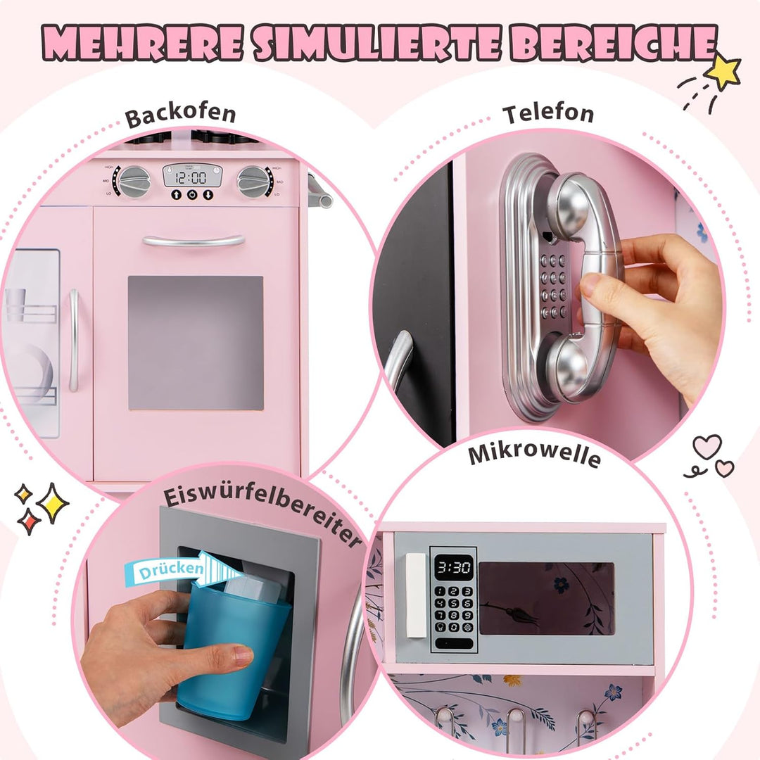 COSTWAY Kinderküche mit 10 Spielzubehör, Spielküche Kinder mit Tafel, Spielzeugküche mit Mikrowelle