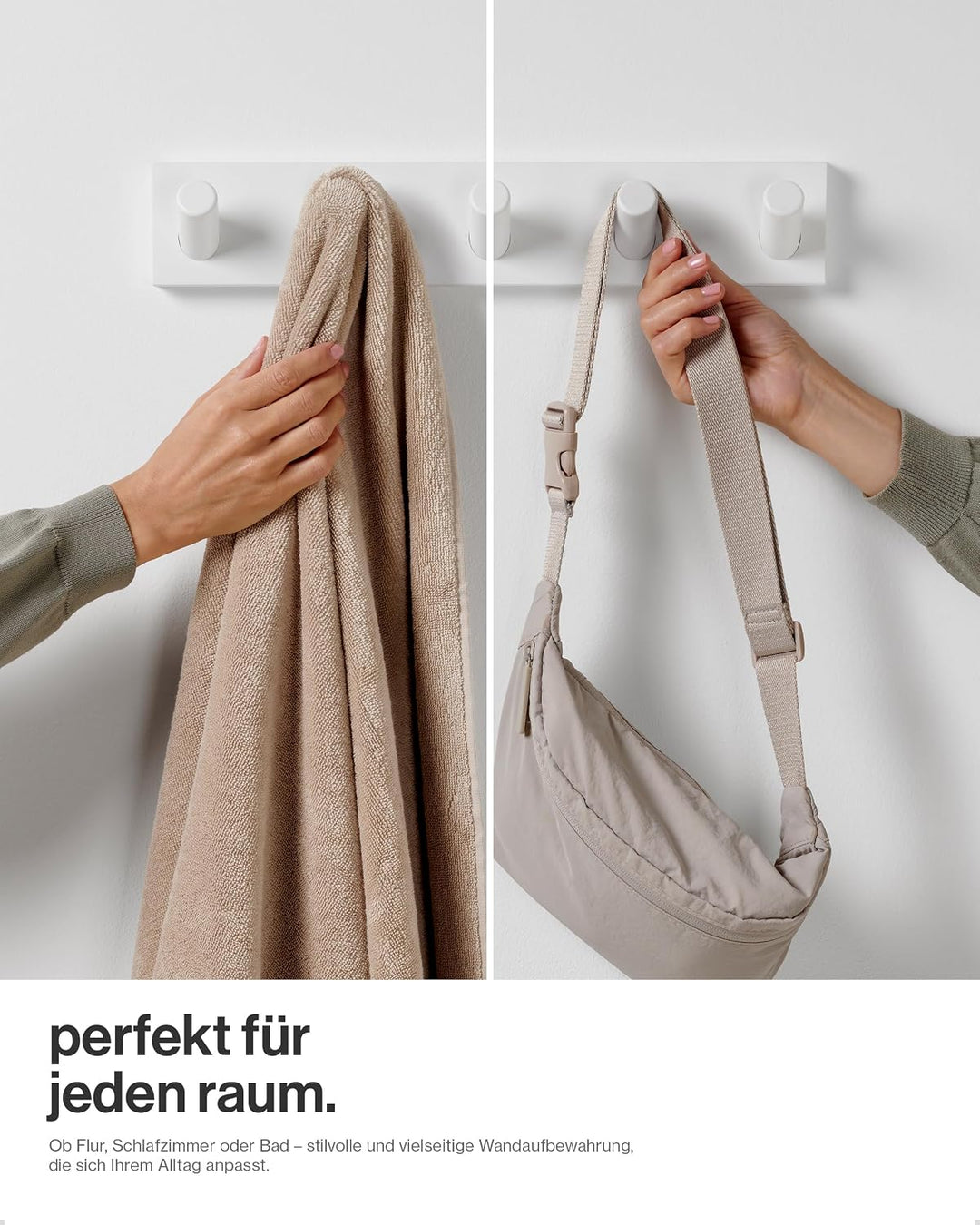 LARHN Garderobenleiste Weiss mit 5 Haken XL, 42cm - Wandgarderobe, Jackenhalter Wand, Hakenleiste Ga