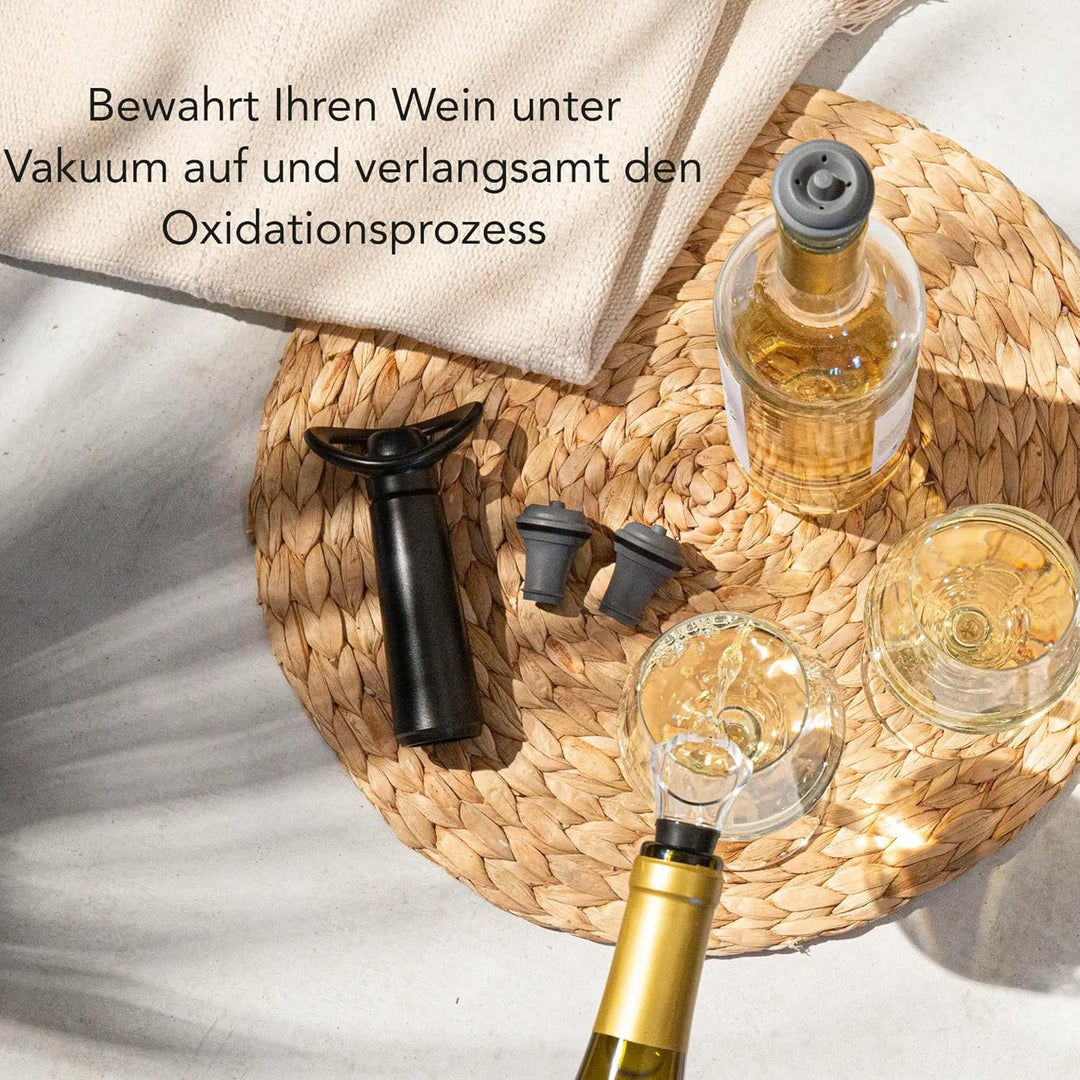 Vacu Vin Weinpumpe Concerto mit 2 Vakuumstopfen – Premium Wein Konservierer – Schwarzes Set mit Klic