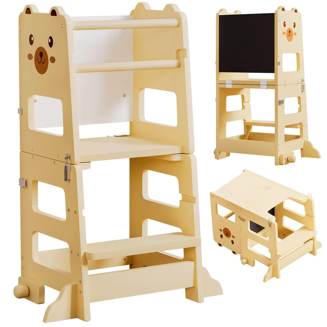 Yorbay Lernturm ab 1 Jahr Klappbar: 2 in 1 Montessori Learning Tower für Kinder mit Tafel - Tritthoc