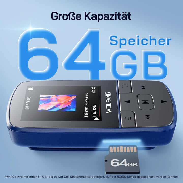 WOLFANG 64 GB MP3-Player mit Bluetooth 5.2, Sportclip, Mini-Grösse, Gewicht 28,3 g, HiFi FM-Radio, D