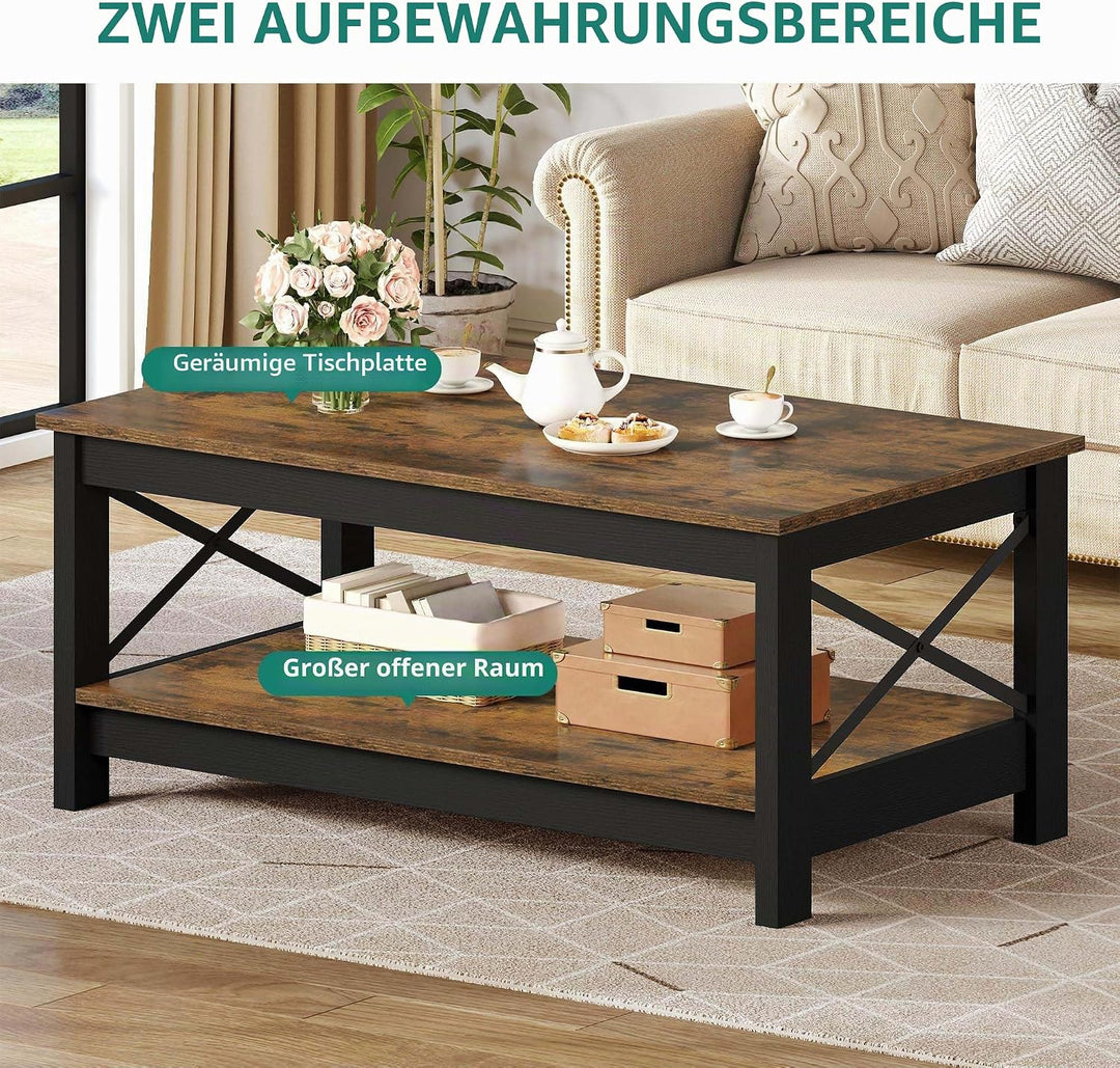 YITAHOME Couchtisch, Wohnzimmertisch, 2-stöckiger Dicker Holz Rechteckiger Couchtisch, X-Form Metal