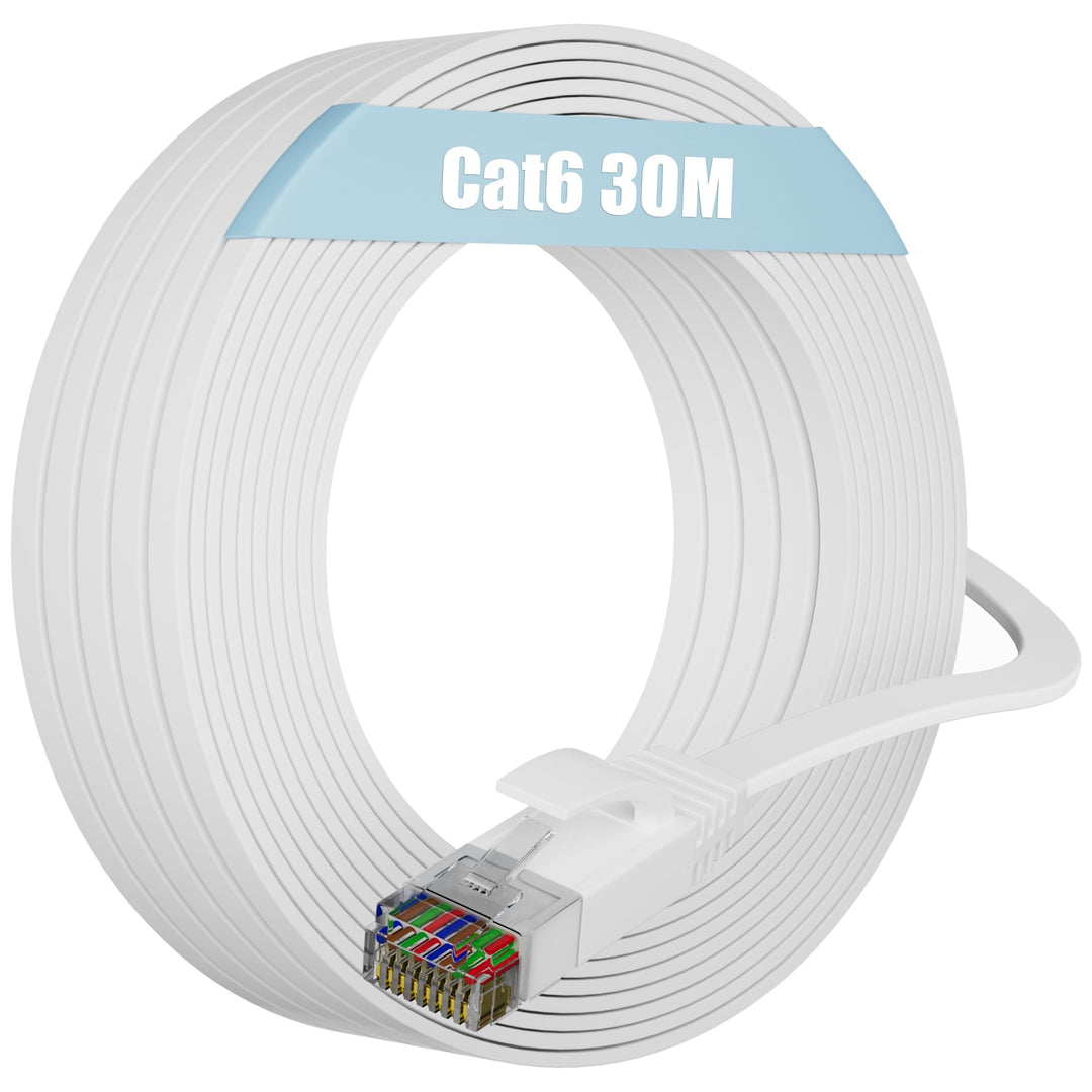 Soibke LAN Kabel 30 Meter Weiss, Cat 6 Netzwerkkabel 30m Dünn, Internet Kabel Flach Ethernet Kabel L