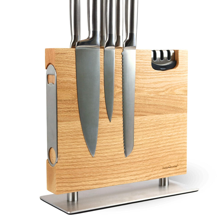 holz4home® Messerblock magnetisch aus Eichenholz I Messerbrett Messerhalter mit Fuss aus Edelstahl I
