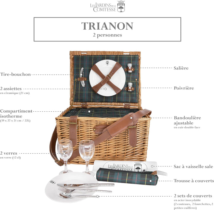 Les Jardins de la Comtesse - Picknickkoffer Trianon Grün - Lederriemen - Komplett Für 2 Personen - K