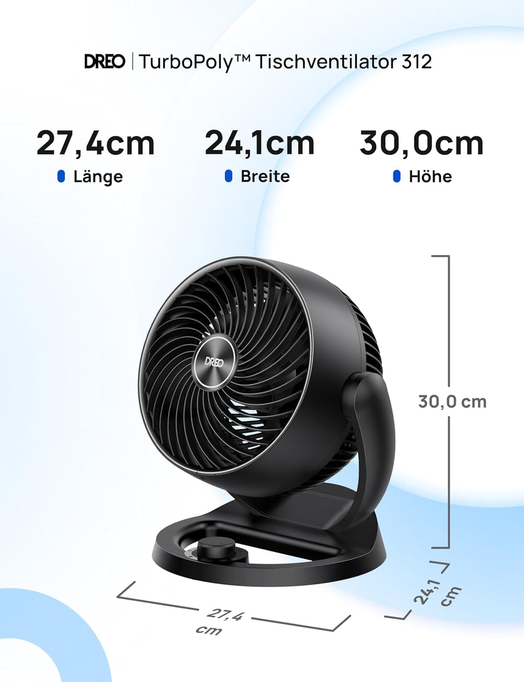 Dreo 28dB leiser Tischventilator, 30cm hoher Ventilator mit Kühlung, 3 Geschwindigkeiten 21m Luftstr