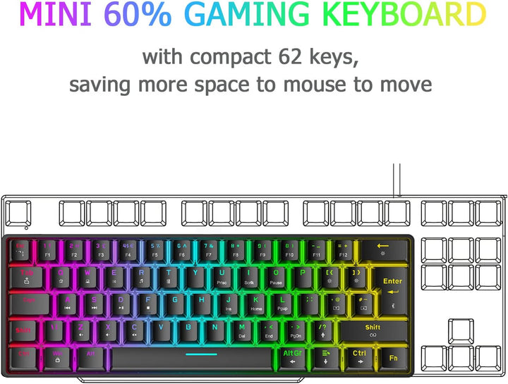 Mini 60% RGB Gaming-Tastatur,Mechanischer Blaue Schalter mit Kompakten 62 Tasten,18 RGB LED-Chroma-H