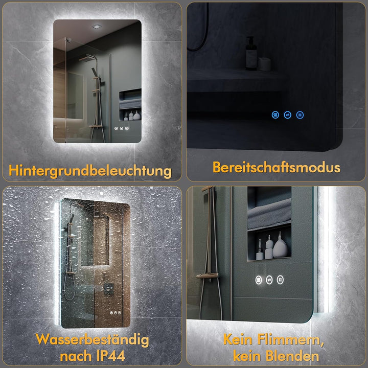 Badezimmerspiegel mit Beleuchtung 50x70cm, LED Spiegel Bad mit Licht, 3 Lichtfarben, Dimmbar, Antibe