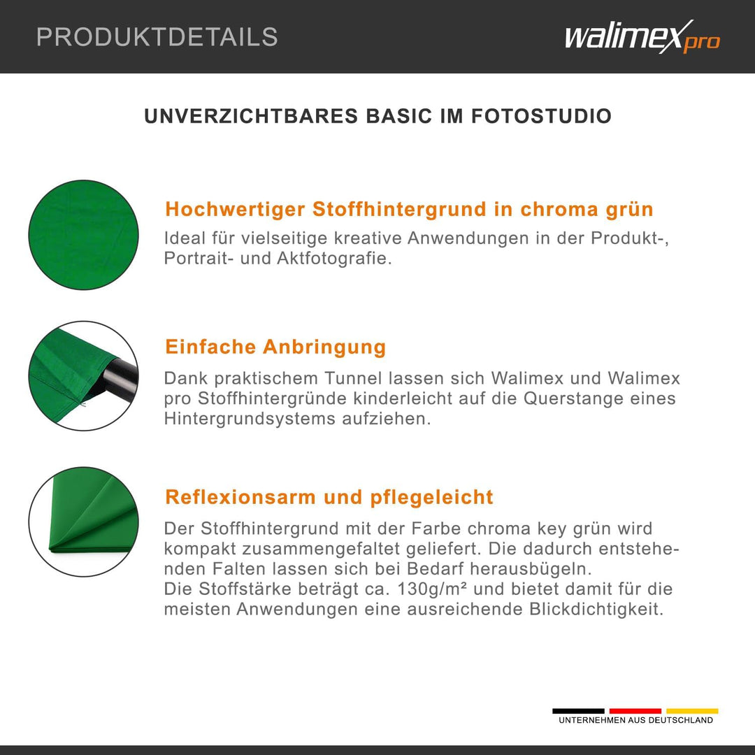 Walimex 16550 Stoffhintergrund 2,85 x 6 m, chroma key grün uni-grün 2,85 x 6 m, uni-grün 2,85 x 6 m