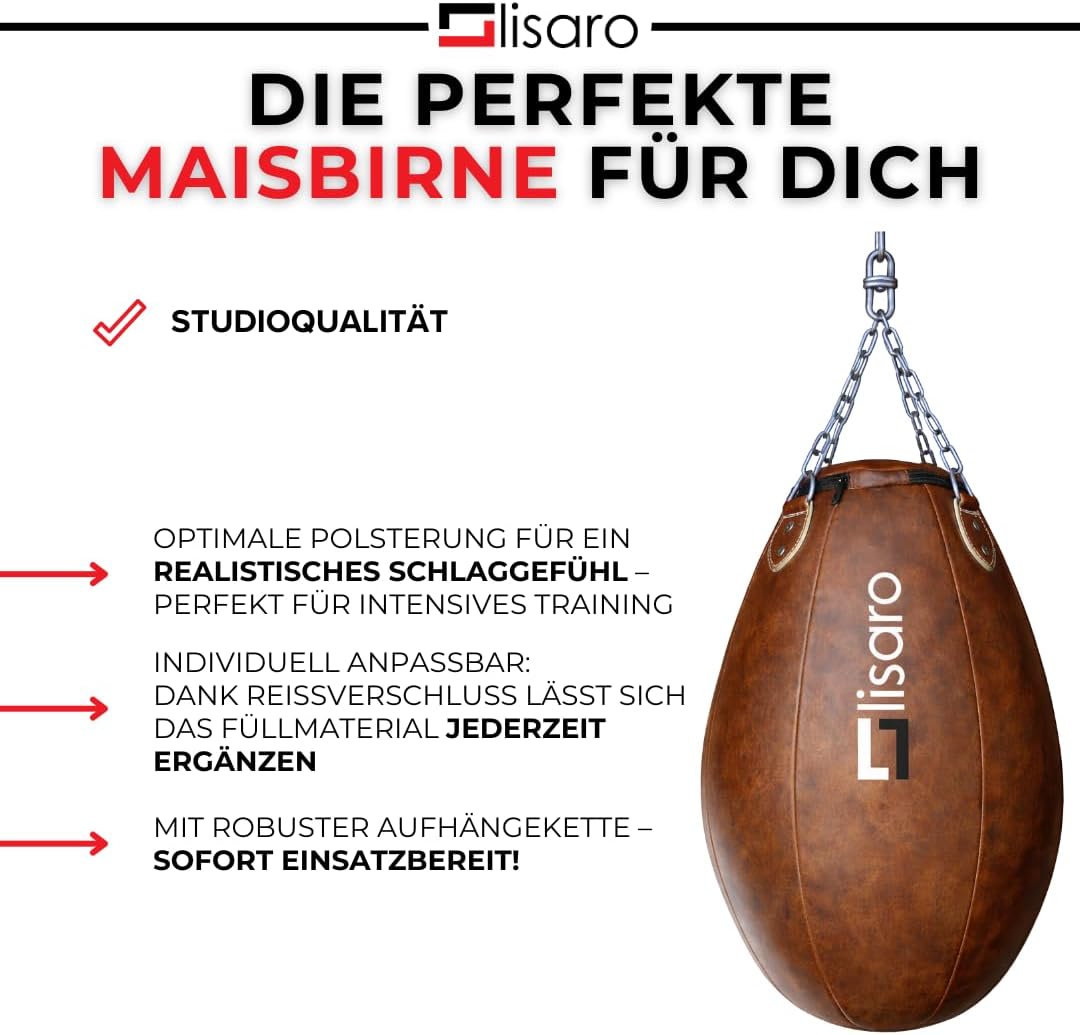 Lisaro Profi Maisbirne 70 cm – Boxbirne Punchingball hängend – 17 kg gefüllt – Premium Kunstleder Pu