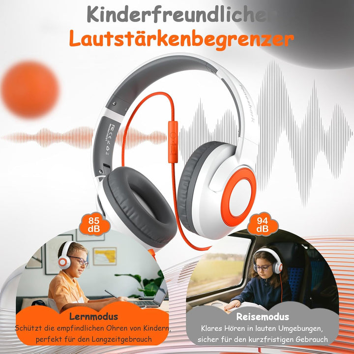 TONOSHARK Kopfhörer für Schulkinder mit Kabel, Klappbar mit Mikrofon & Gehörschutz (85/94 dB). Kinde