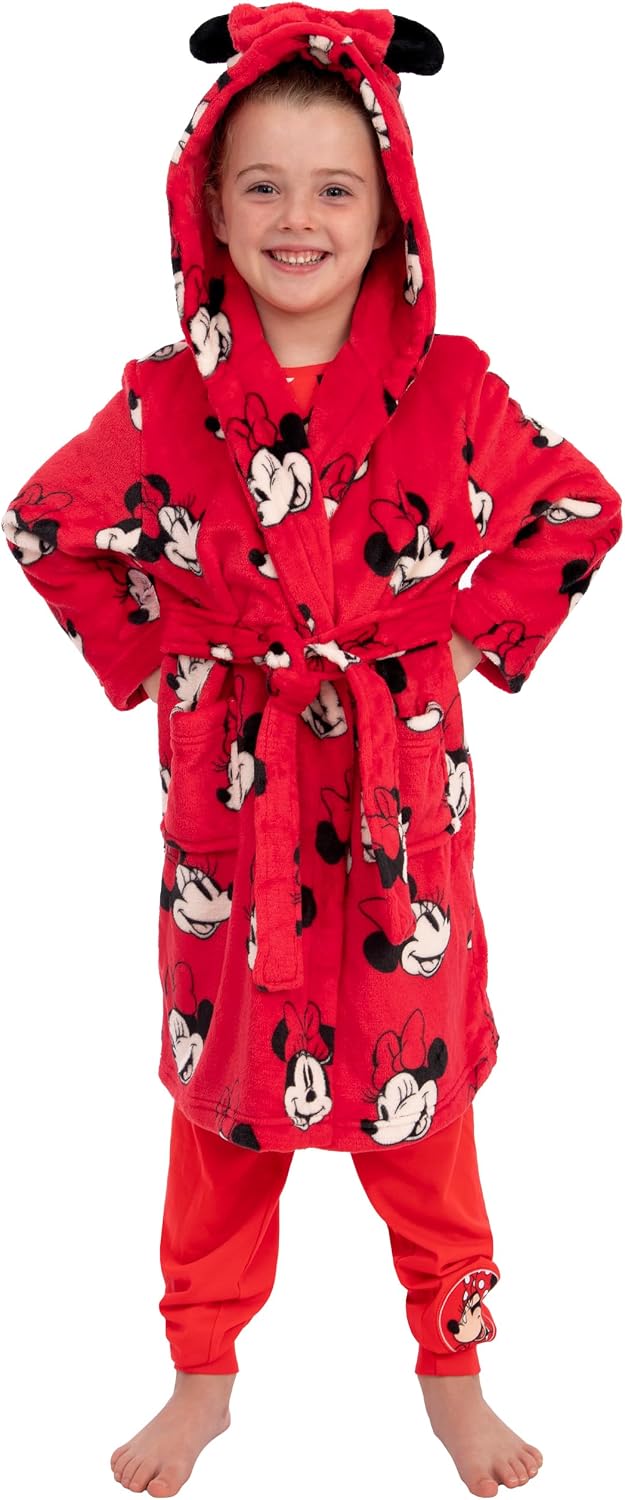 Disney Minnie Mouse Bademantel Kinder, Fleece Bademantel Mädchen Mit 3D Minnie Mouse Ohren, Morgenma