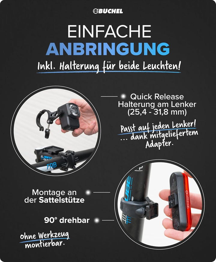 BÜCHEL Fahrradlicht Set - USB-C Fahrrad Lichter LED Set mit 8h Leuchtdauer & Kontrollanzeige - Front
