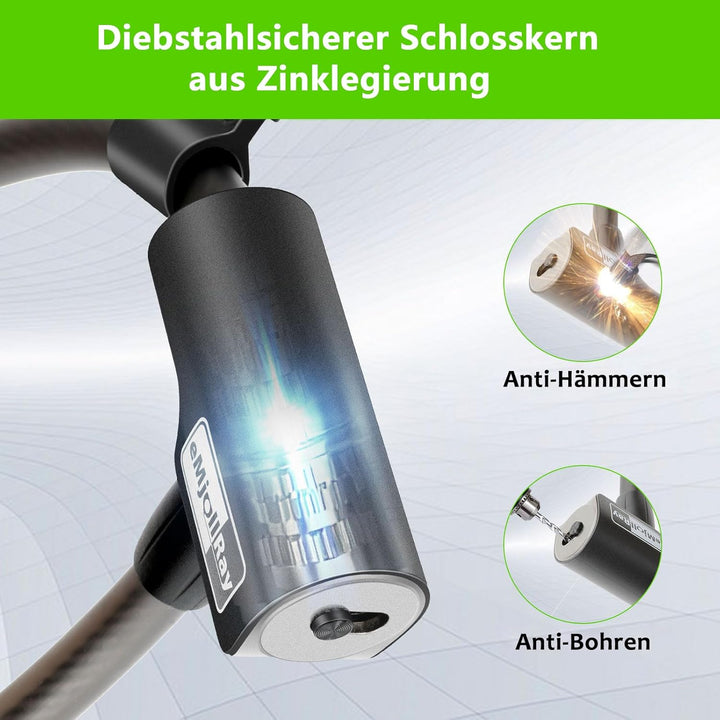 eMjollRay Hochsicheres Fahrradschloss und E Scooter Schloss, 1.2M Kabel mit Halterung und Tasche, Si