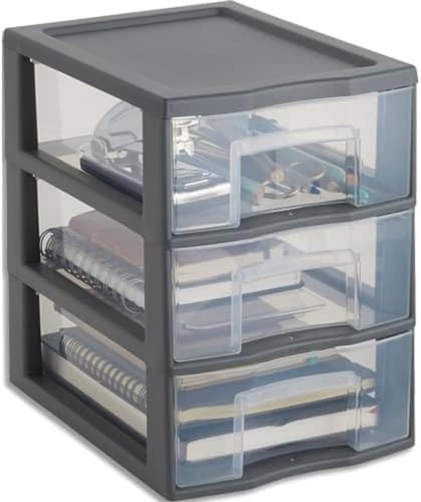 SUNDIS Tag Tower, schubladenbox aus Kunststoff, grau, 3 transparente Schubladen im Format A5, Höhe 2