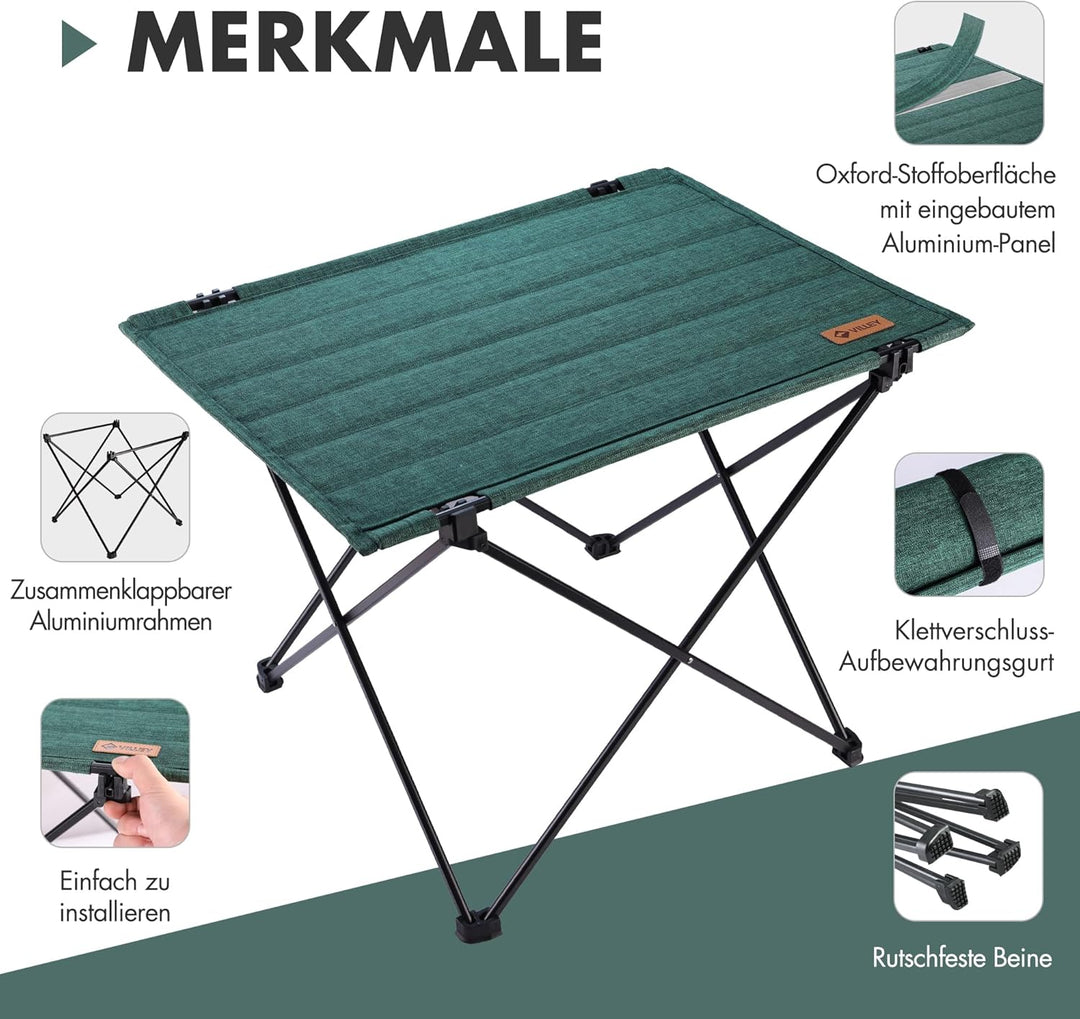 VILLEY Campingtisch Klappbar, Klapptisch Faltbar mit Aluminium und Oxford-Stoff, Kleiner Camping Fal