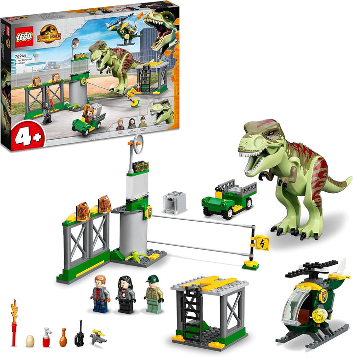 LEGO 76944 Jurassic World T. Rex Ausbruch, Dinosaurier Spielzeug ab 4 Jahre, Set mit Figur, Hubschra