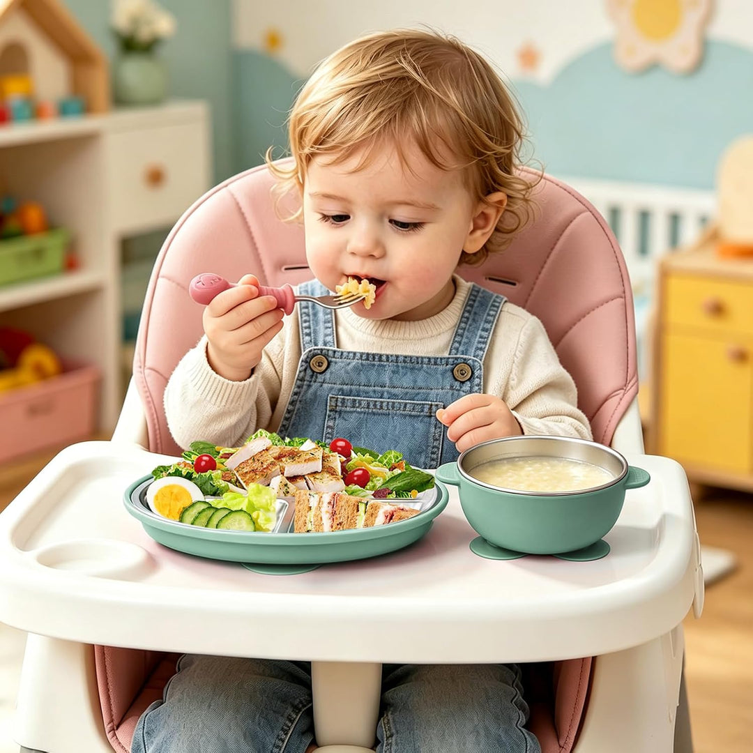 Baby Geschirr Set Edelstahl 4-Teilig Geteilter Babyteller mit Saugnapf, Babyschale Rutschfest mit Gr