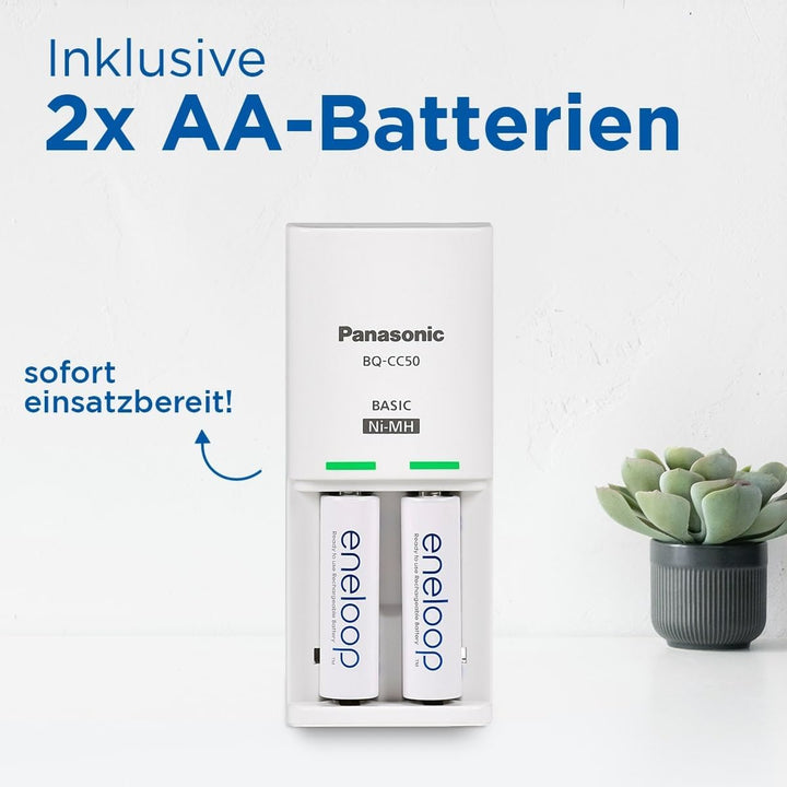 Panasonic eneloop Compact Ladegerät für 1–2 AA/AAA NI-MH-Akkus, mit 2 LED-Anzeigen und 6 Sicherheits
