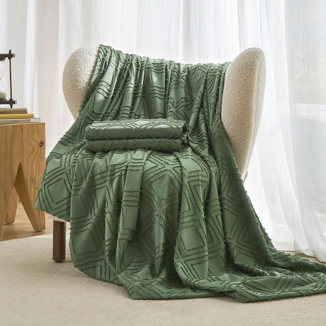 JELLYMONI Grünes Bettbezug-Set, Queen-Size-Grösse, Mikrofaser, getuftet, Boho-Struktur, Jacquard-Rau