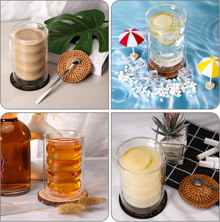 Mkitnvy 4er Set Doppelwandige GläSer mit 4 Löffeln und 4 Untersetzern, 350ML ThermogläSer Doppelwand