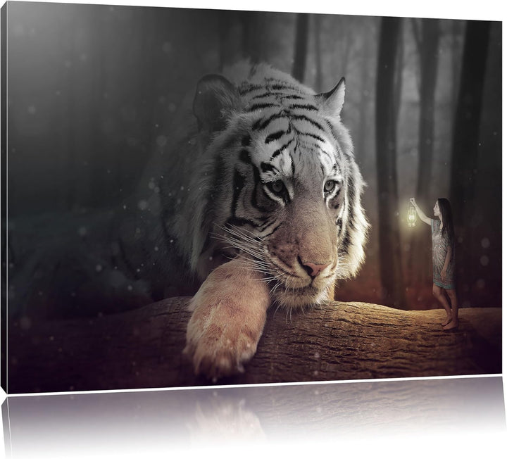 Pixxprint EIN Fantasy-Welt - eine Frau und EIN Riesen-Tiger B&W Detail, Format: 100x70 auf Leinwand,