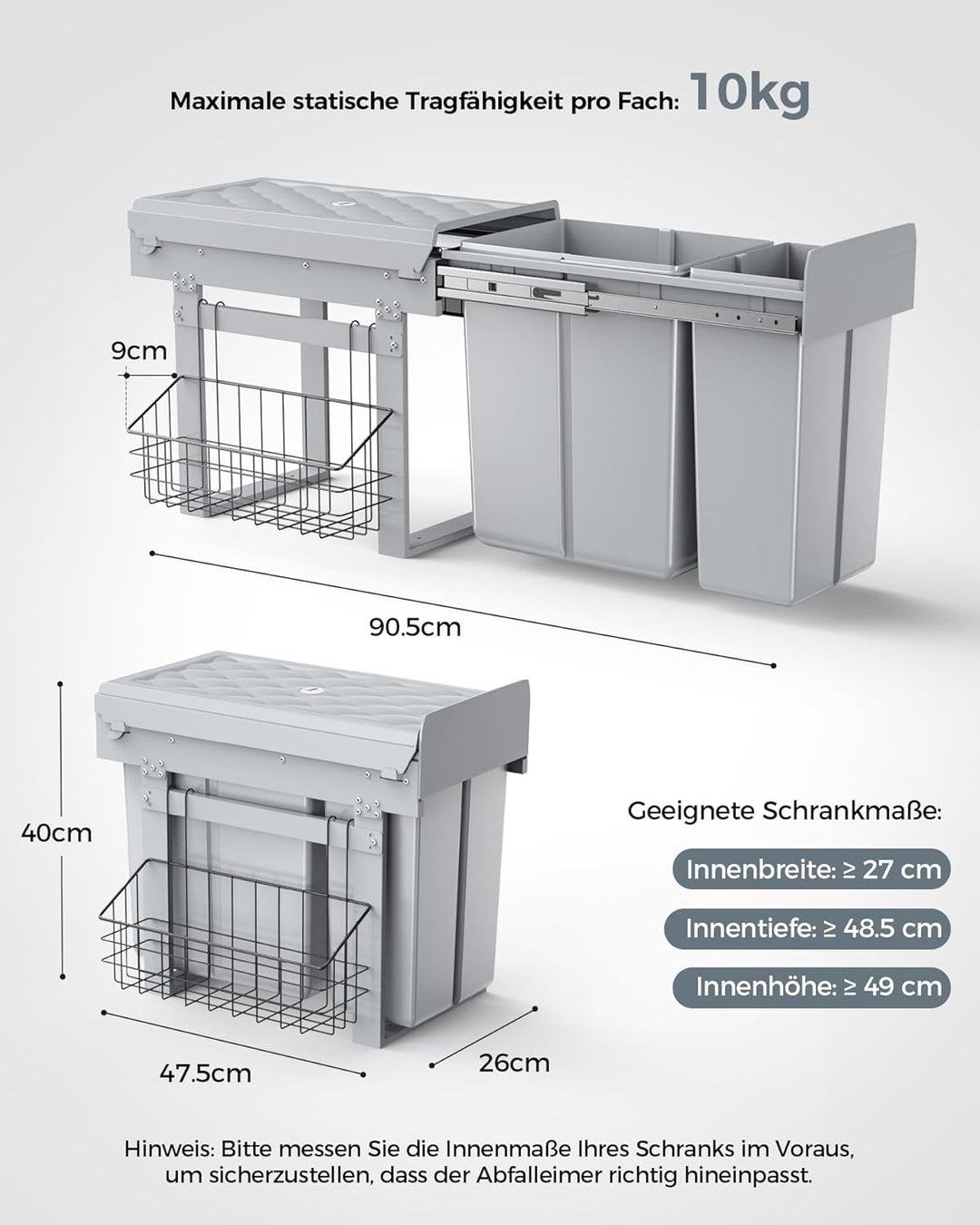 lovewind Abfallsammler Tandem, 10L+20L, Mülleimer küche, Mülltrennsystem für Unterschrank，Abfalleime