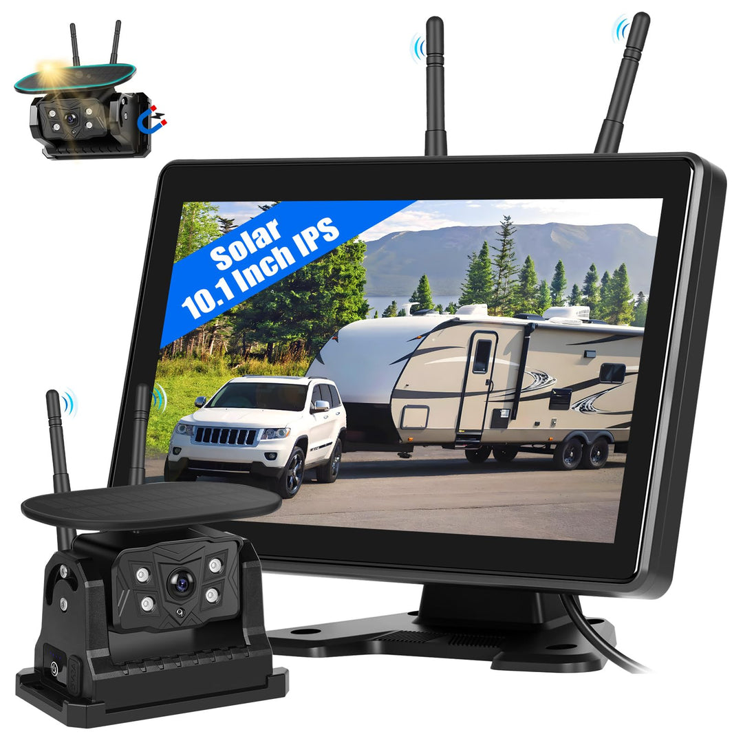 CAMECHO [Solar] Rückfahrkamera Kabellos mit 10.1 Zoll Monitor Touchscreen, 10000 mAh Magnetische 720
