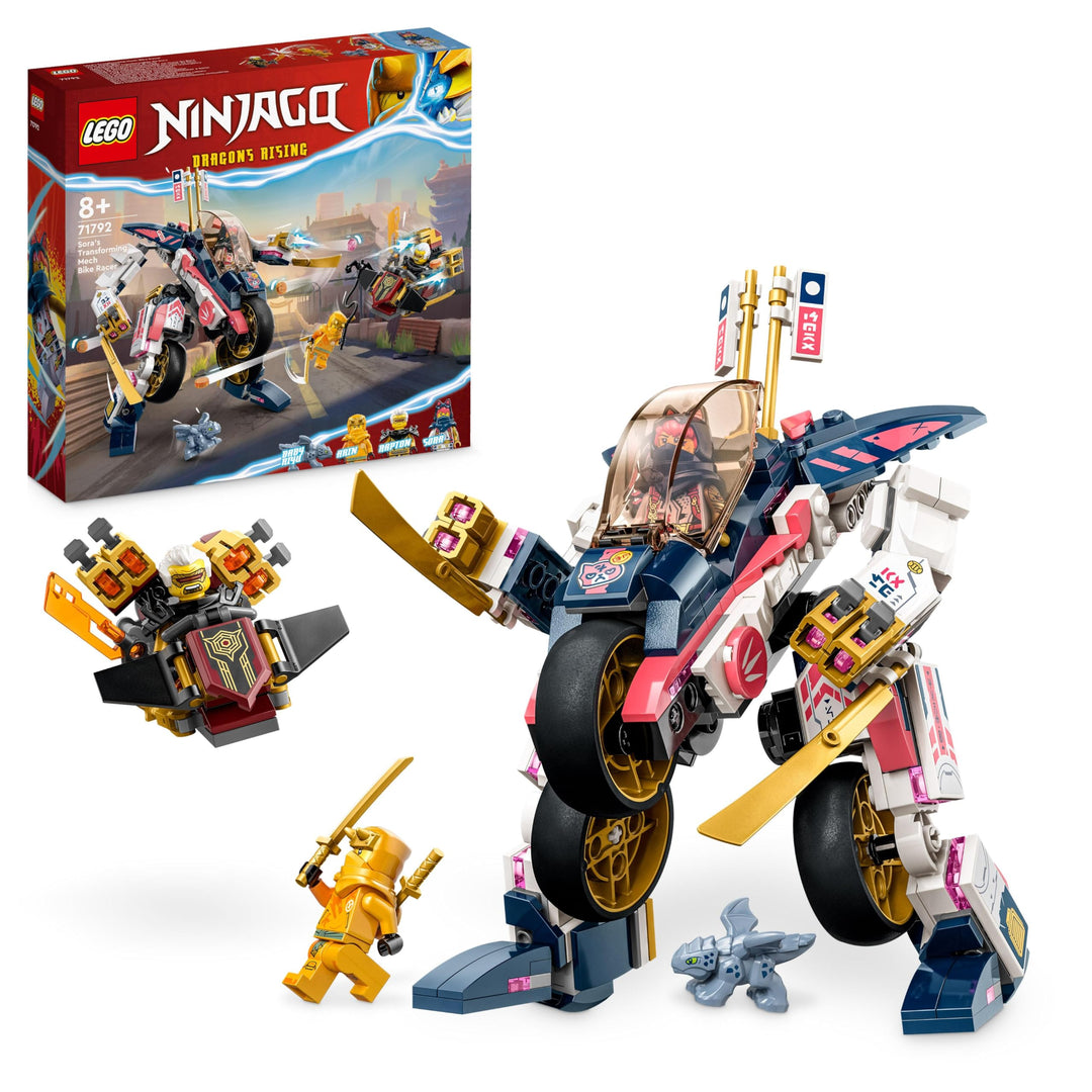LEGO 71792 NINJAGO Soras transformierender Mech-Bike-Renner, 2in1 Set mit transformierender Mech-Act