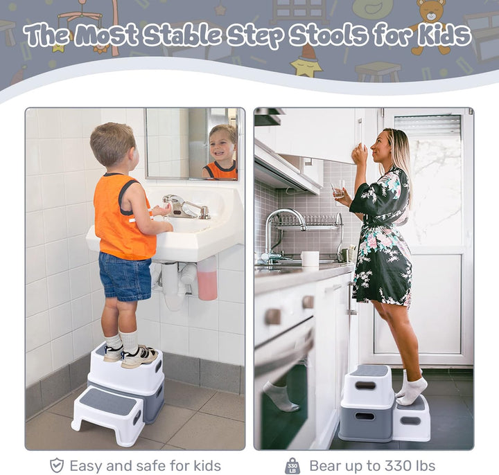 Grauer 2-stufiger Kinderhocker aus PP-Material – rutschfest & Stabil, Ideal für Badezimmer, Küchen,