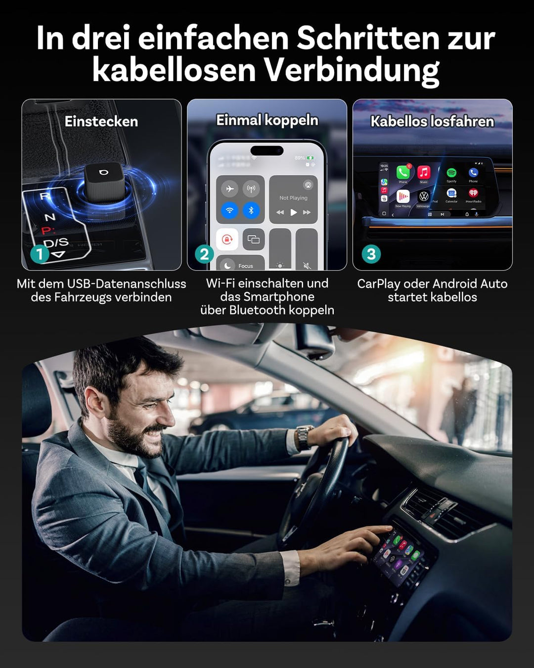 OTTOCAST Mini Slim 3.0 Wireless CarPlay &amp; Android Auto Adapter, 2-in-1 USB-A/USB-C-Dongle, Bluetooth